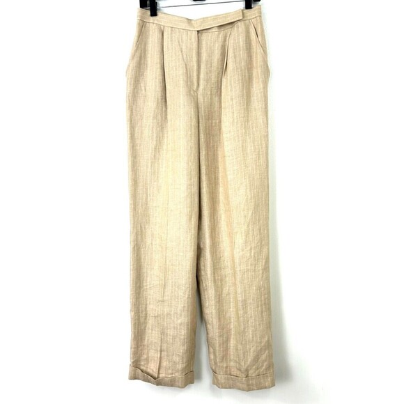 Lauren Ralph Lauren Womens Pleated Straight Leg Linen Pants Sz 8 Beige Stripe N4 - Picture 2 of 11
